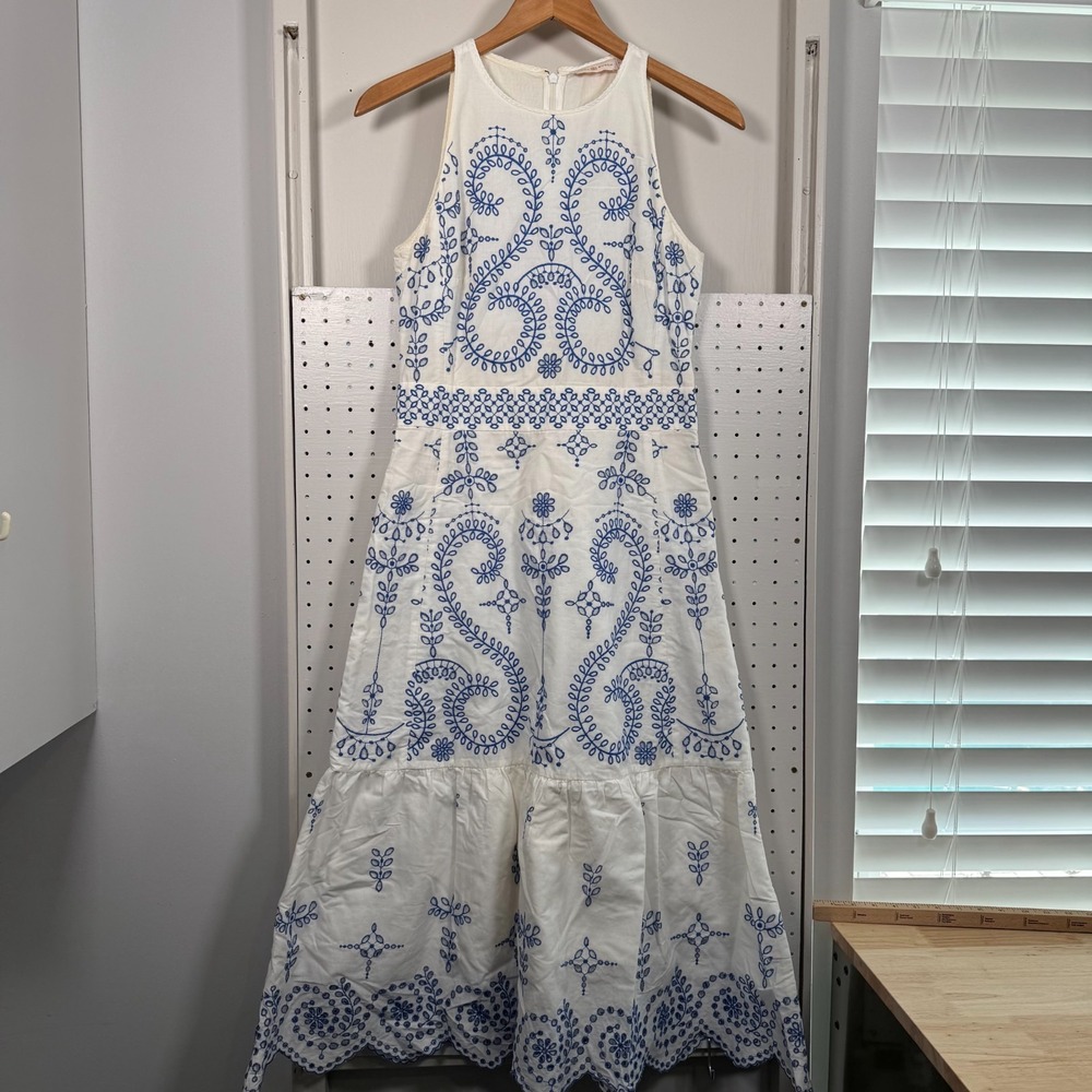 Tory Burch Floral Mariana Dress Womens Blue White Embroidered Scallop Hem - 4